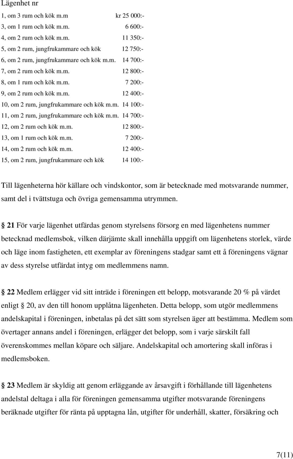 m. 12 800:- 13, om 1 rum och kök m.m. 7 200:- 14, om 2 rum och kök m.m. 12 400:- 15, om 2 rum, jungfrukammare och kök 14 100:- Till lägenheterna hör källare och vindskontor, som är betecknade med motsvarande nummer, samt del i tvättstuga och övriga gemensamma utrymmen.