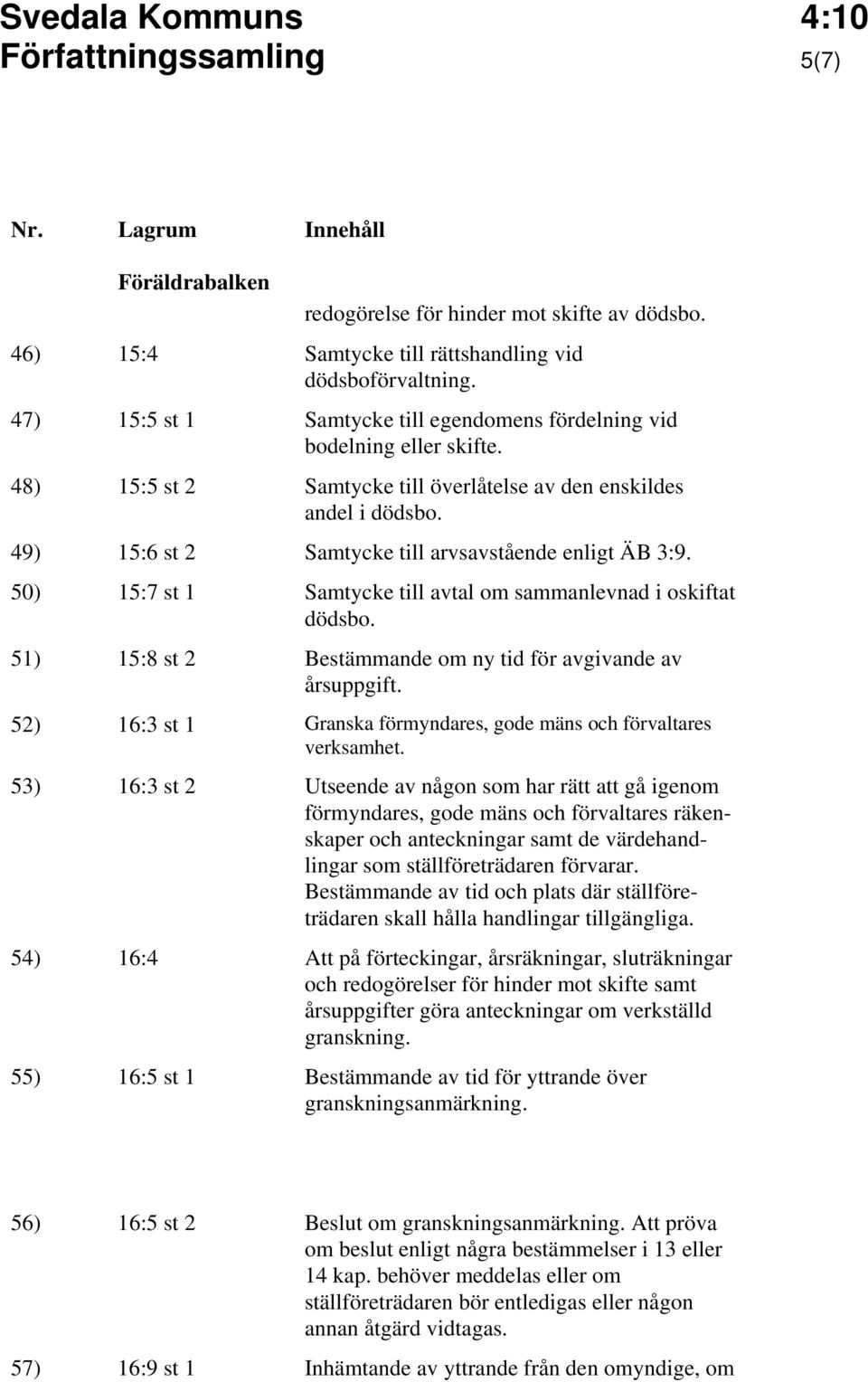 49) 15:6 st 2 Samtycke till arvsavstående enligt ÄB 3:9. 50) 15:7 st 1 Samtycke till avtal om sammanlevnad i oskiftat dödsbo. 51) 15:8 st 2 Bestämmande om ny tid för avgivande av årsuppgift.