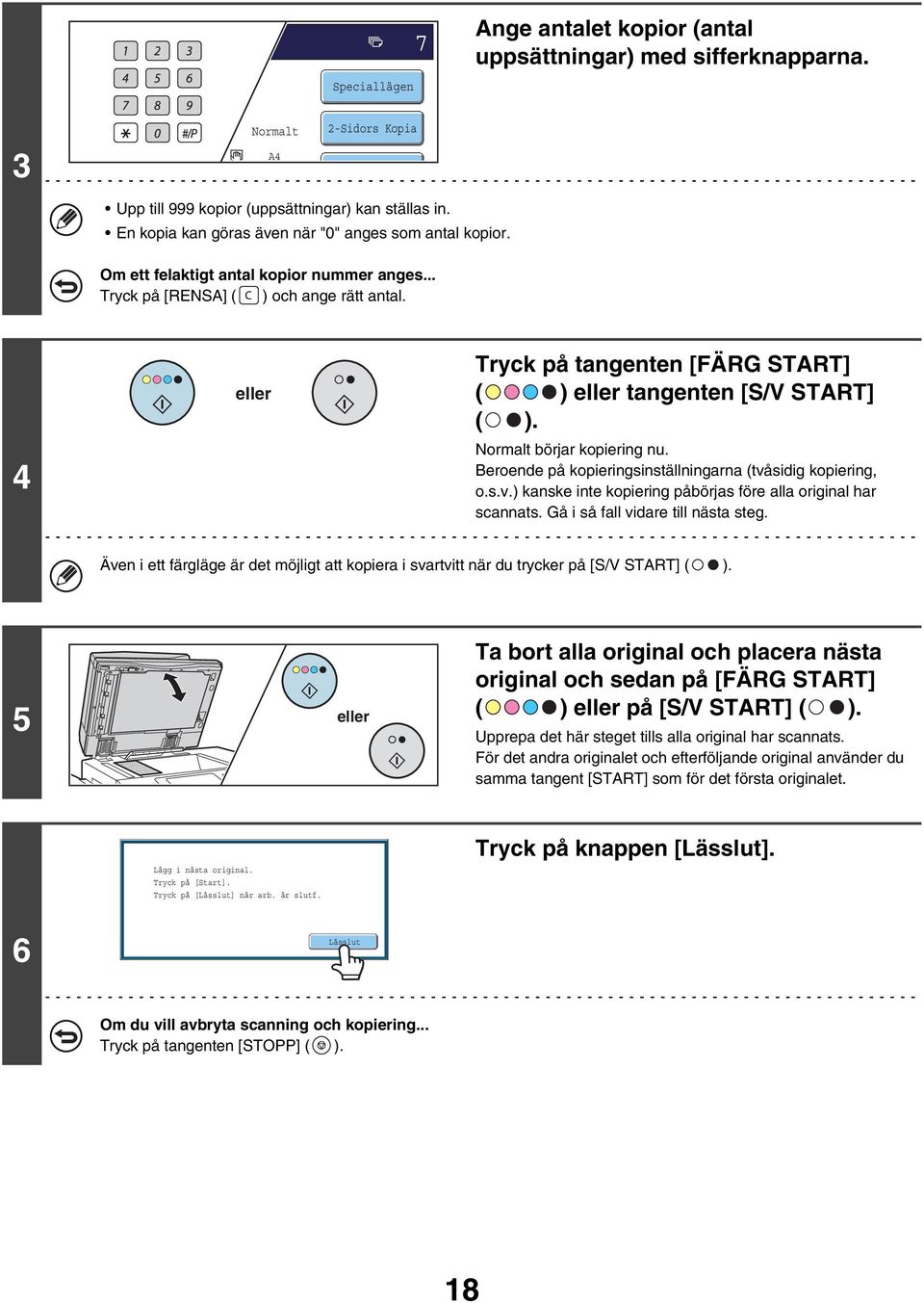 4 eller Tryck på tangenten [FÄRG START] ( ) eller tangenten [S/V START] ( ). börjar nu. Beroende på sinställningarna (tvåsidig, o.s.v.) kanske inte påbörjas före alla original har scannats.