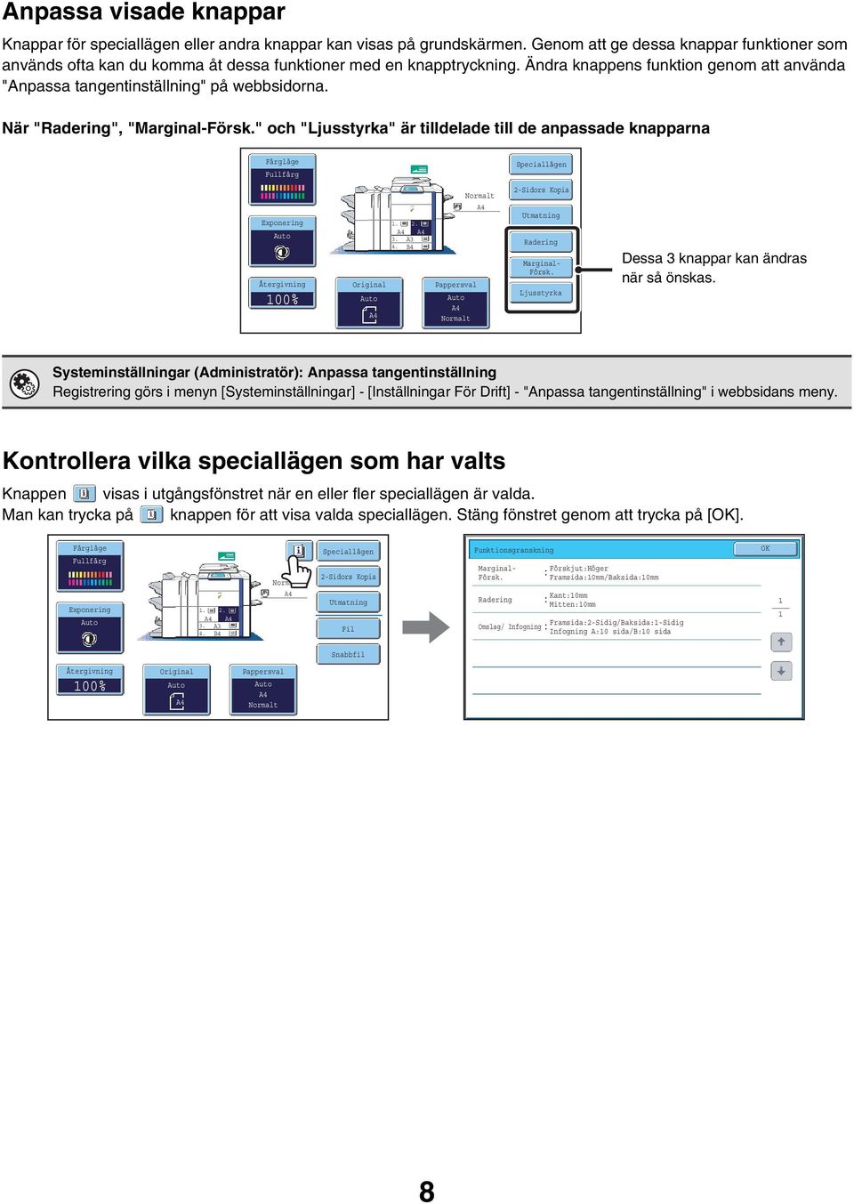 När "Radering", "Marginal-Försk." och "Ljusstyrka" är tilldelade till de anpassade knapparna Färgläge Fullfärg Speciallägen Exponering Återgivning 00%.. 3. A3 4.