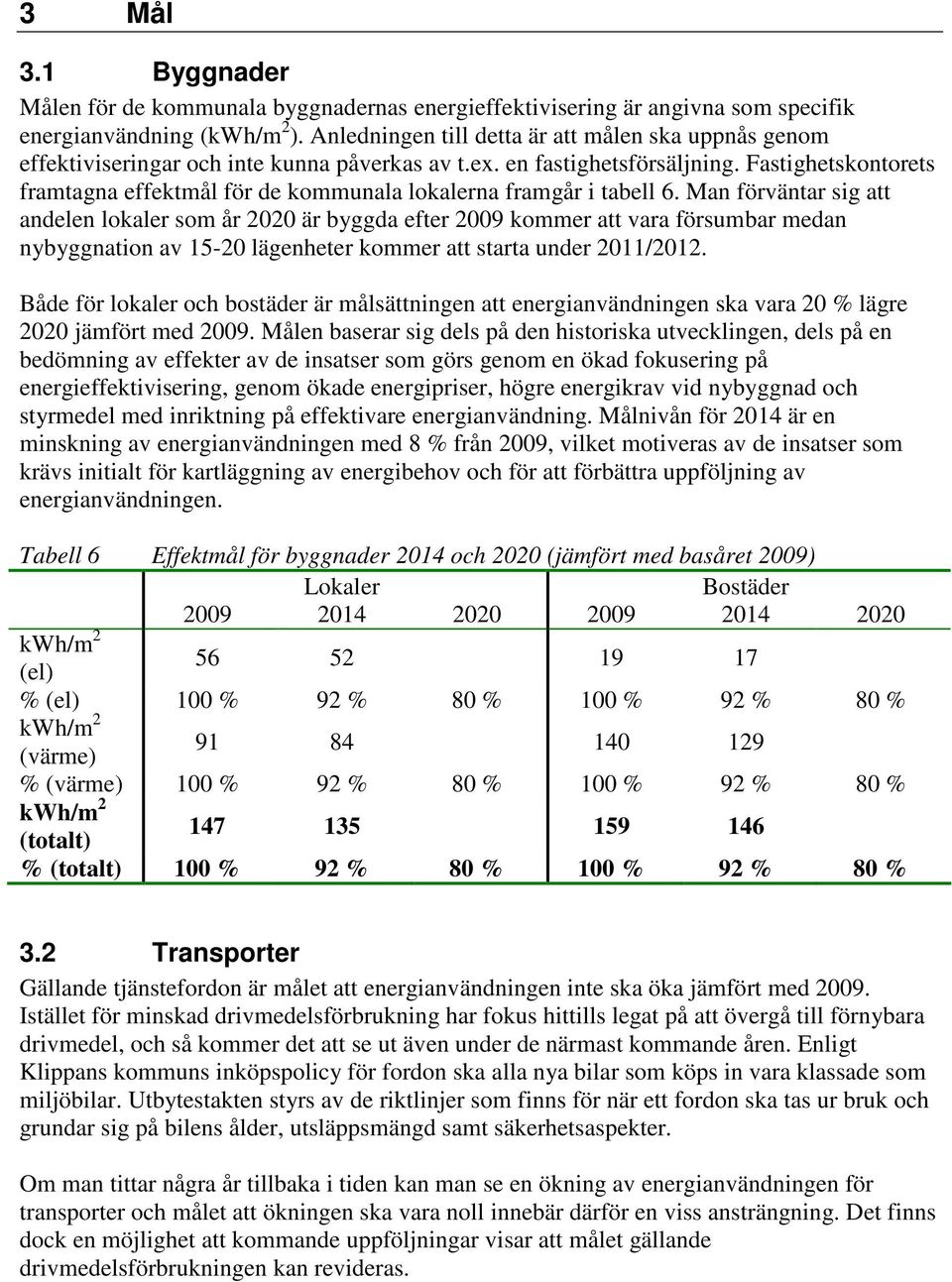 Fastighetskontorets framtagna effektmål för de kommunala lokalerna framgår i tabell 6.