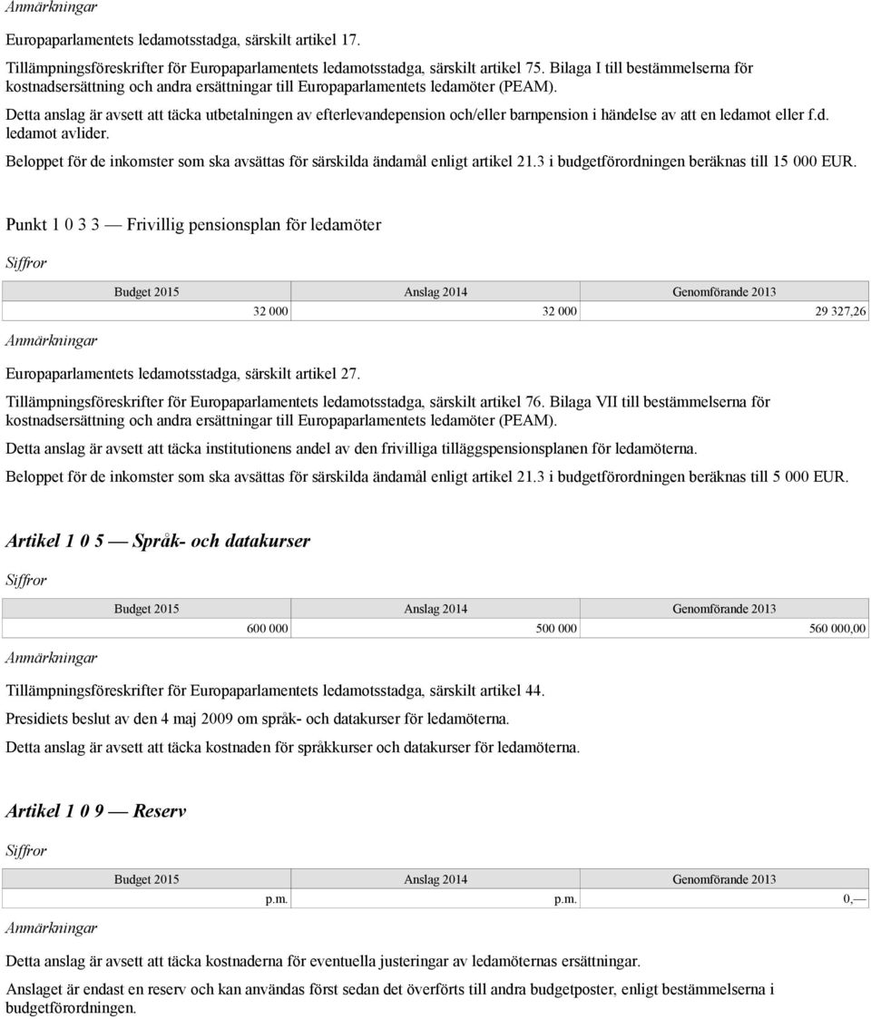 Detta anslag är avsett att täcka utbetalningen av efterlevandepension och/eller barnpension i händelse av att en ledamot eller f.d. ledamot avlider.