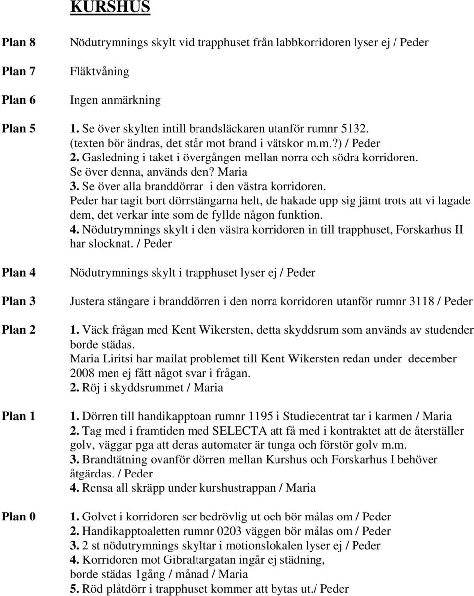 Se över alla branddörrar i den västra korridoren. Peder har tagit bort dörrstängarna helt, de hakade upp sig jämt trots att vi lagade dem, det verkar inte som de fyllde någon funktion. 4.