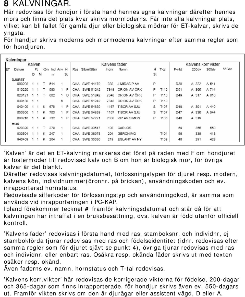 För handjur skrivs moderns och mormoderns kalvningar efter samma regler som för hondjuren.