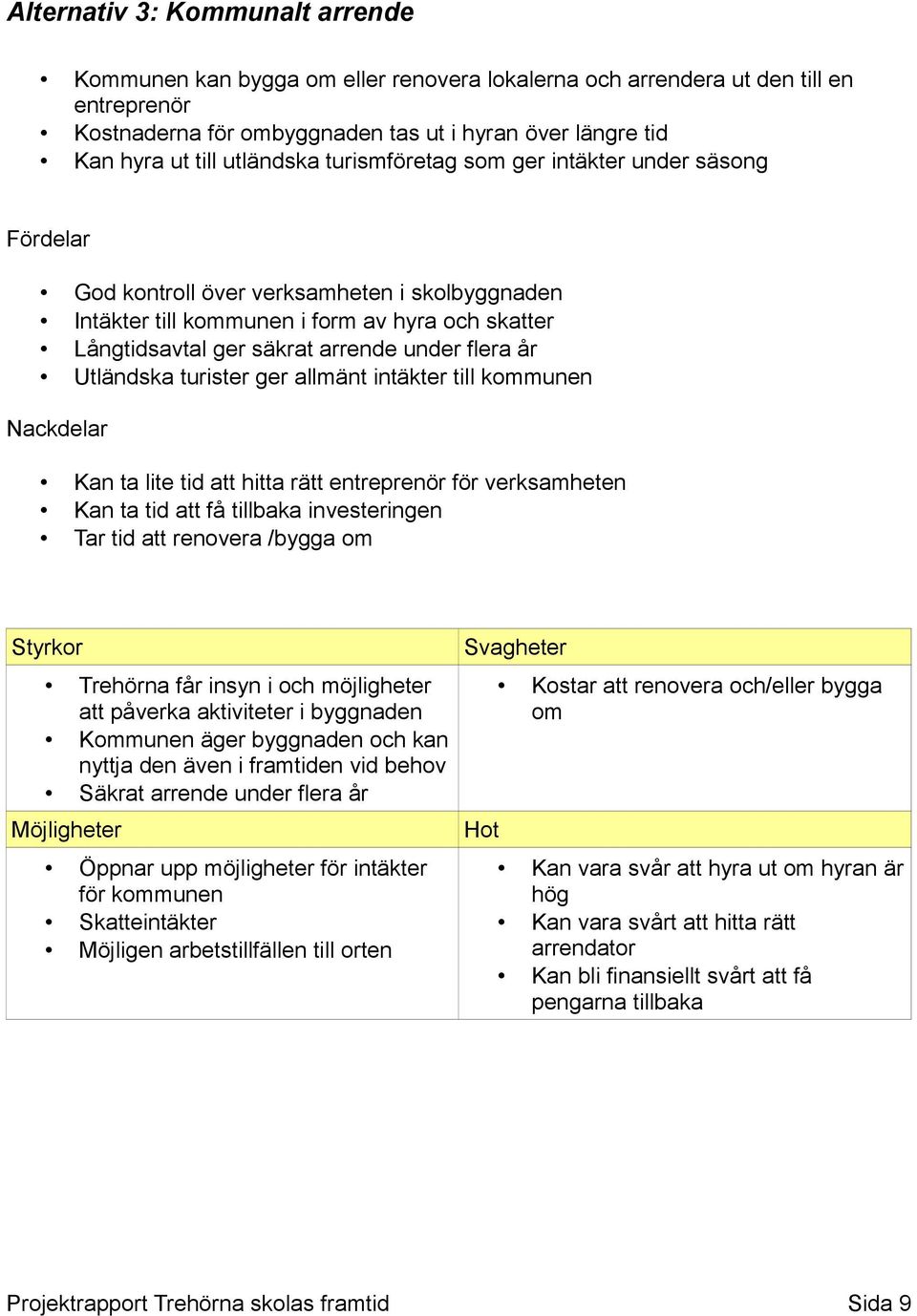 flera år Utländska turister ger allmänt intäkter till kommunen Nackdelar Kan ta lite tid att hitta rätt entreprenör för verksamheten Kan ta tid att få tillbaka investeringen Tar tid att renovera