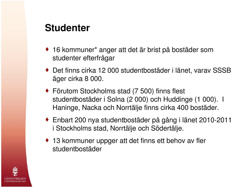 Förutom Stockholms stad (7 500) finns flest studentbostäder i Solna (2 000) och Huddinge (1 000).