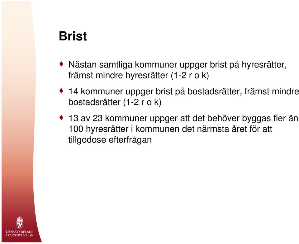 mindre bostadsrätter (1-2 r o k) 13 av 23 kommuner uppger att det behöver