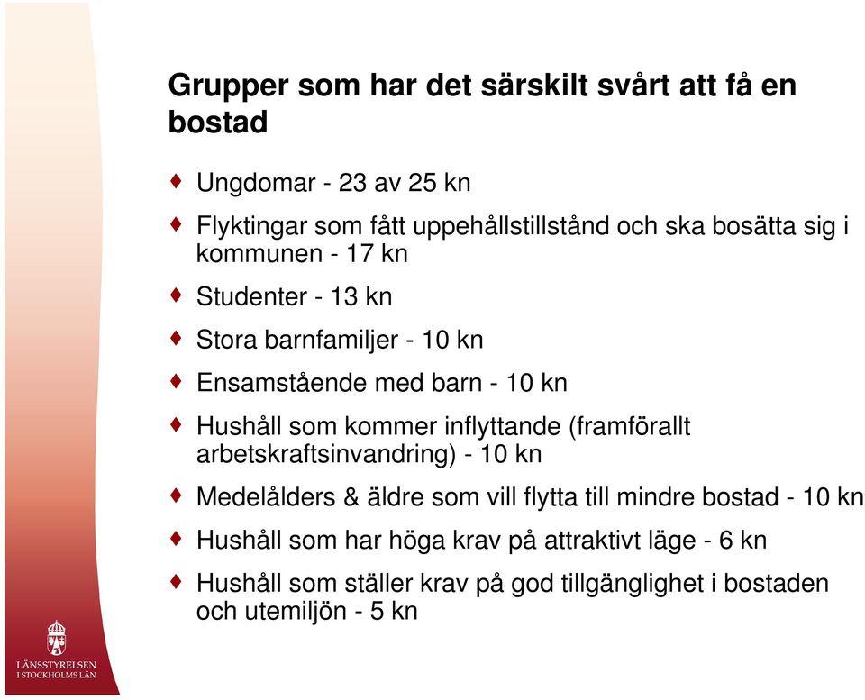 inflyttande (framförallt arbetskraftsinvandring) - 10 kn Medelålders & äldre som vill flytta till mindre bostad - 10 kn