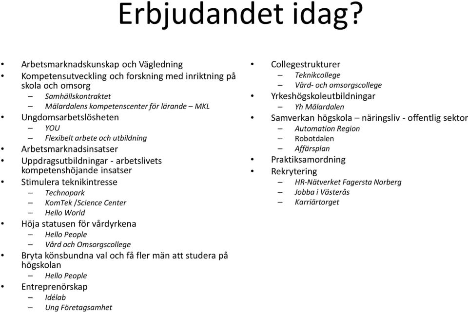 Flexibelt arbete och utbildning Arbetsmarknadsinsatser Uppdragsutbildningar - arbetslivets kompetenshöjande insatser Stimulera teknikintresse Technopark KomTek /Science Center Hello World Höja