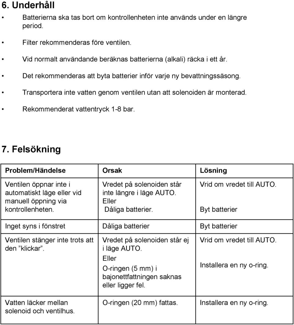 Felsökning Problem/Händelse Orsak Lösning Ventilen öppnar inte i automatiskt läge eller vid manuell öppning via kontrollenheten. Vredet på solenoiden står inte längre i läge AUTO.