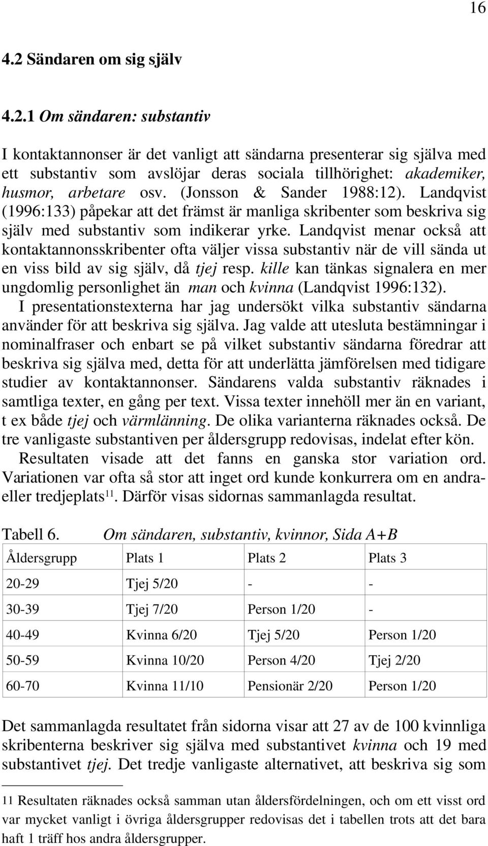 Landqvist menar också att kontaktannonsskribenter ofta väljer vissa substantiv när de vill sända ut en viss bild av sig själv, då tjej resp.