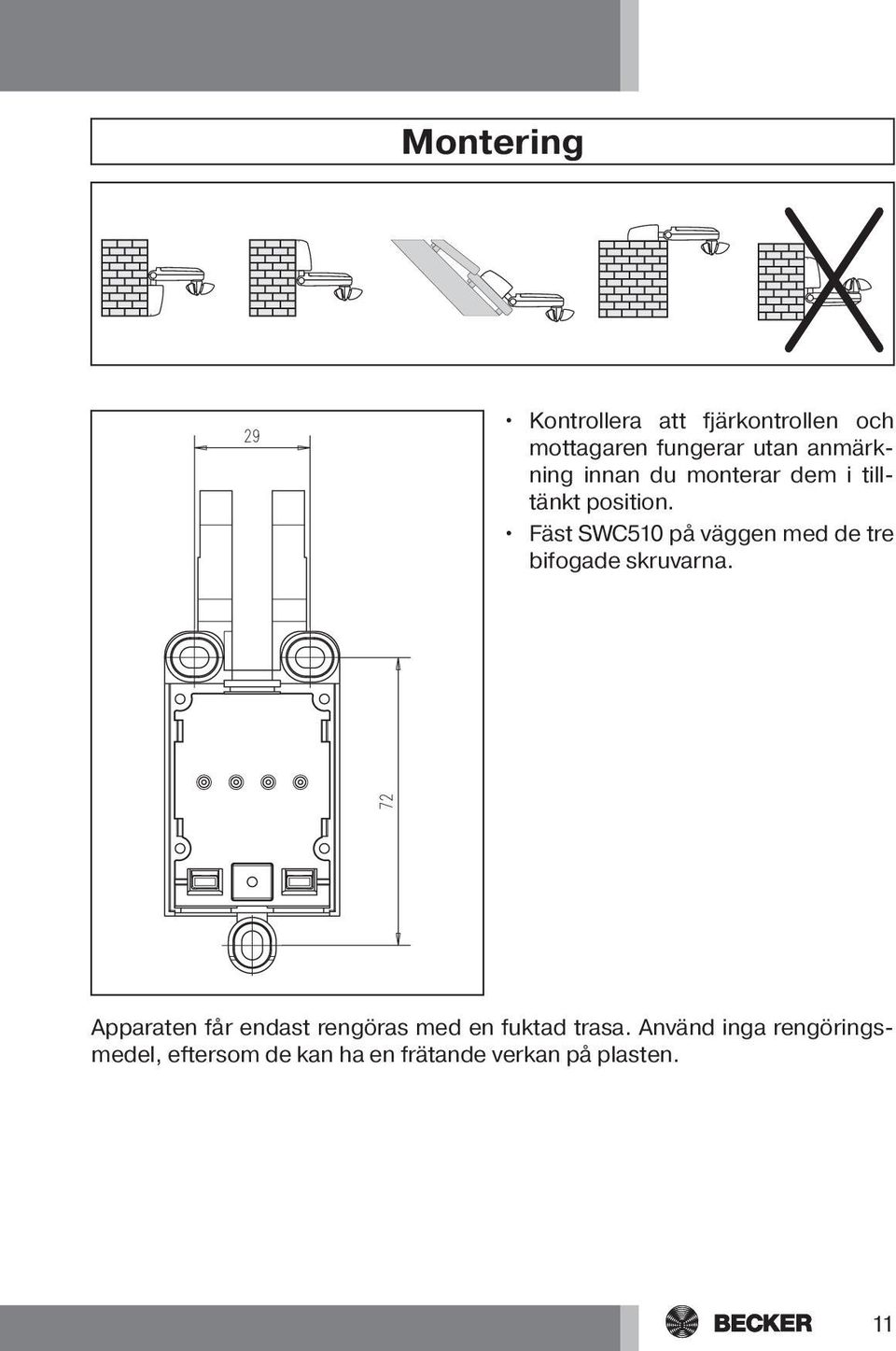 Fäst SWC510 på väggen med de tre bifogade skruvarna.