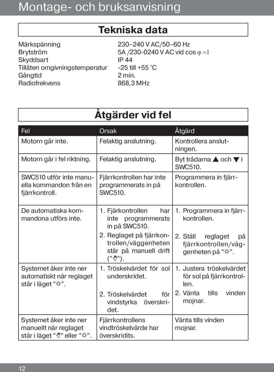 SWC510 utför inte manuella kommandon från en fjärrkontroll. De automatiska kommandona utförs inte. Systemet åker inte ner automatiskt när reglaget står i läget S.