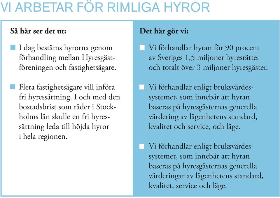 Det här gör vi: Vi förhandlar hyran för 90 procent av Sveriges 1,5 miljoner hyresrätter och totalt över 3 miljoner hyresgäster.