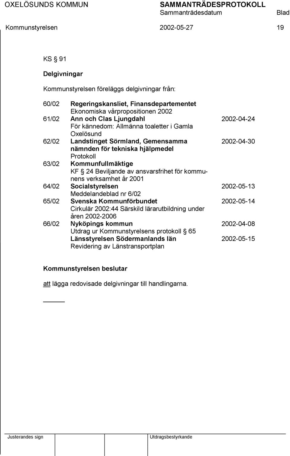 för kommunens verksamhet år 2001 64/02 Socialstyrelsen Meddelandeblad nr 6/02 65/02 Svenska Kommunförbundet Cirkulär 2002:44 Särskild lärarutbildning under åren 2002-2006 66/02 Nyköpings kommun