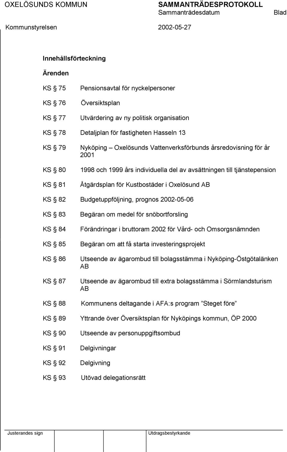 Oxelösund AB KS 82 Budgetuppföljning, prognos 2002-05-06 KS 83 KS 84 KS 85 KS 86 KS 87 KS 88 Begäran om medel för snöbortforsling Förändringar i bruttoram 2002 för Vård- och Omsorgsnämnden Begäran om