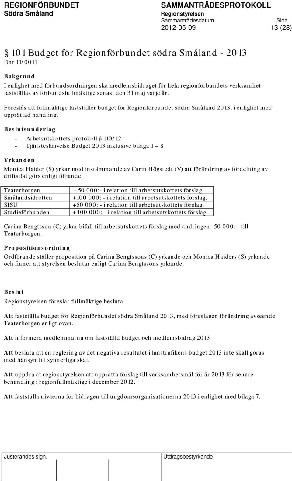 sunderlag - Arbetsutskottets protokoll 110/12 - Tjänsteskrivelse Budget 2013 inklusive bilaga 1 8 Yrkanden Monica Haider (S) yrkar med instämmande av Carin Högstedt (V) att förändring av fördelning