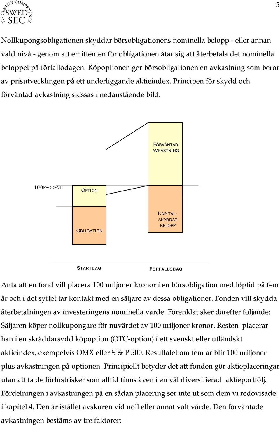 FÖRVÄNTAD AVKASTNING 100PROCENT OPTION OBLIGATION KAPITAL- SKYDDAT BELOPP STARTDAG FÖRFALLODAG Anta att en fond vill placera 100 miljoner kronor i en börsobligation med löptid på fem år och i det