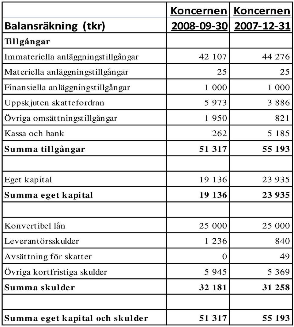 Kassa och bank 262 5 185 Summa tillgångar 51 317 55 193 Eget kapital 19 136 23 935 Summa eget kapital 19 136 23 935 Konvertibel lån 25 000 25 000