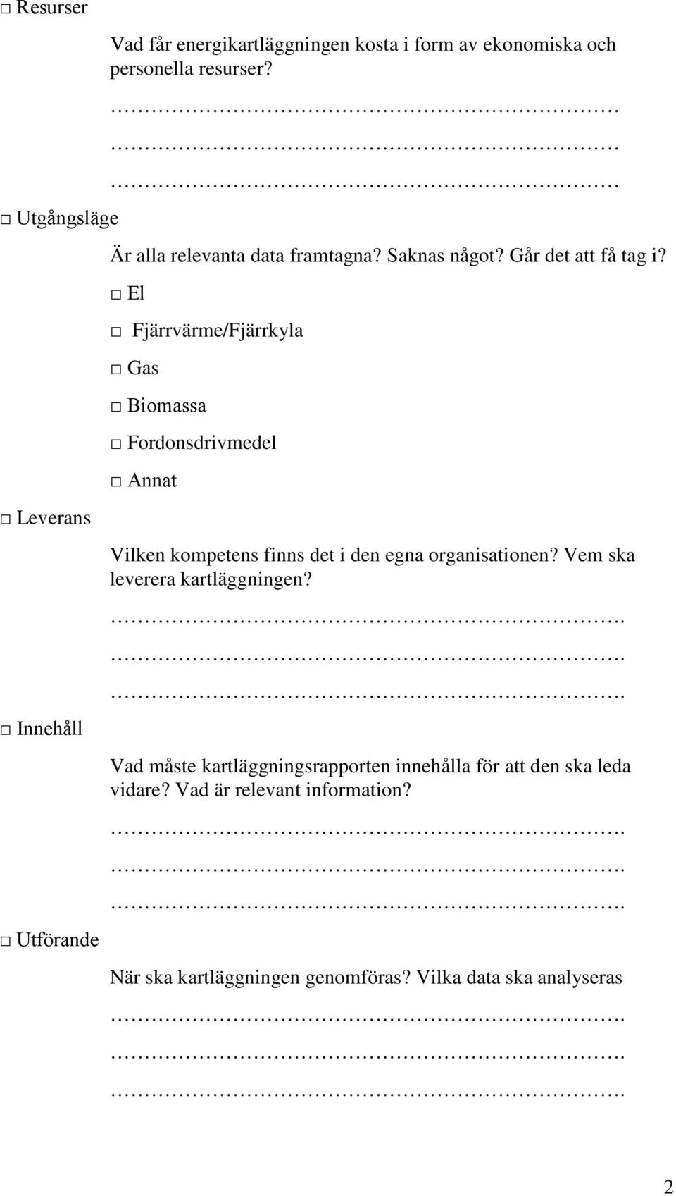 El Fjärrvärme/Fjärrkyla Gas Biomassa Fordonsdrivmedel Annat Vilken kompetens finns det i den egna organisationen?