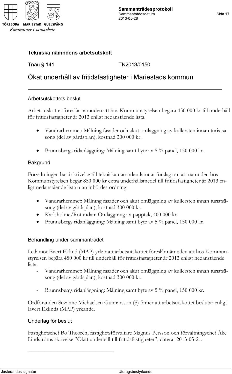 Brunnsbergs ridanläggning: Målning samt byte av 5 % panel, 150 000 kr.
