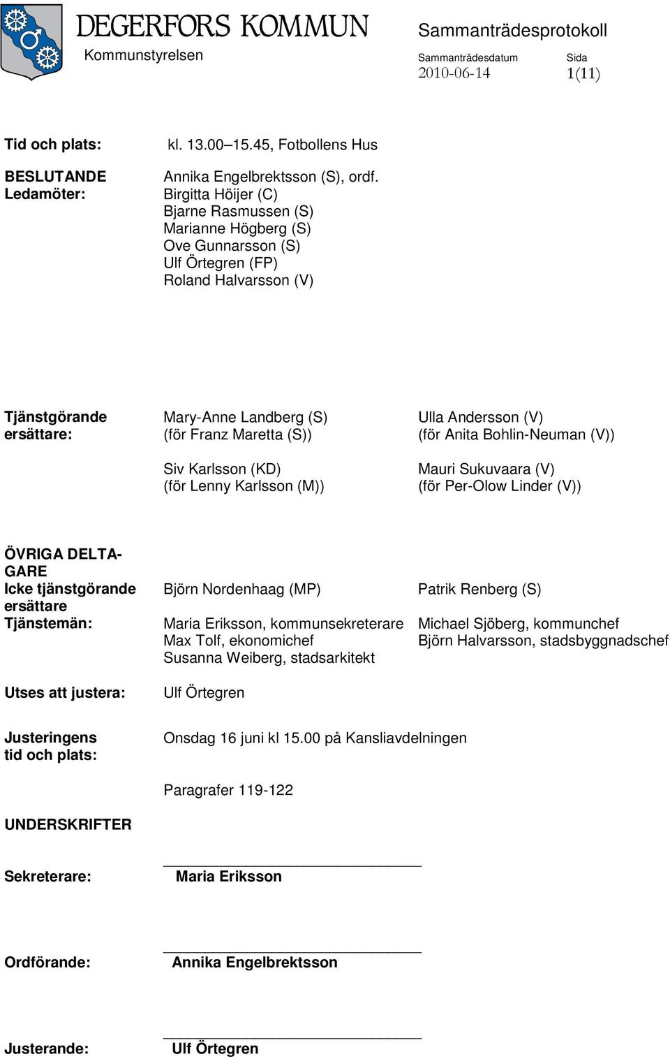 Karlsson (KD) (för Lenny Karlsson (M)) Ulla Andersson (V) (för Anita Bohlin-Neuman (V)) Mauri Sukuvaara (V) (för Per-Olow Linder (V)) ÖVRIGA DELTA- GARE Icke tjänstgörande ersättare Tjänstemän: Utses