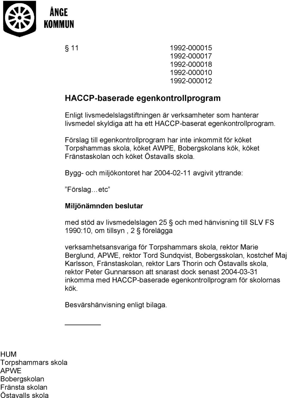 Bygg- och miljökontoret har 2004-02-11 avgivit yttrande: Förslag etc Miljönämnden beslutar med stöd av livsmedelslagen 25 och med hänvisning till SLV FS 1990:10, om tillsyn, 2 förelägga