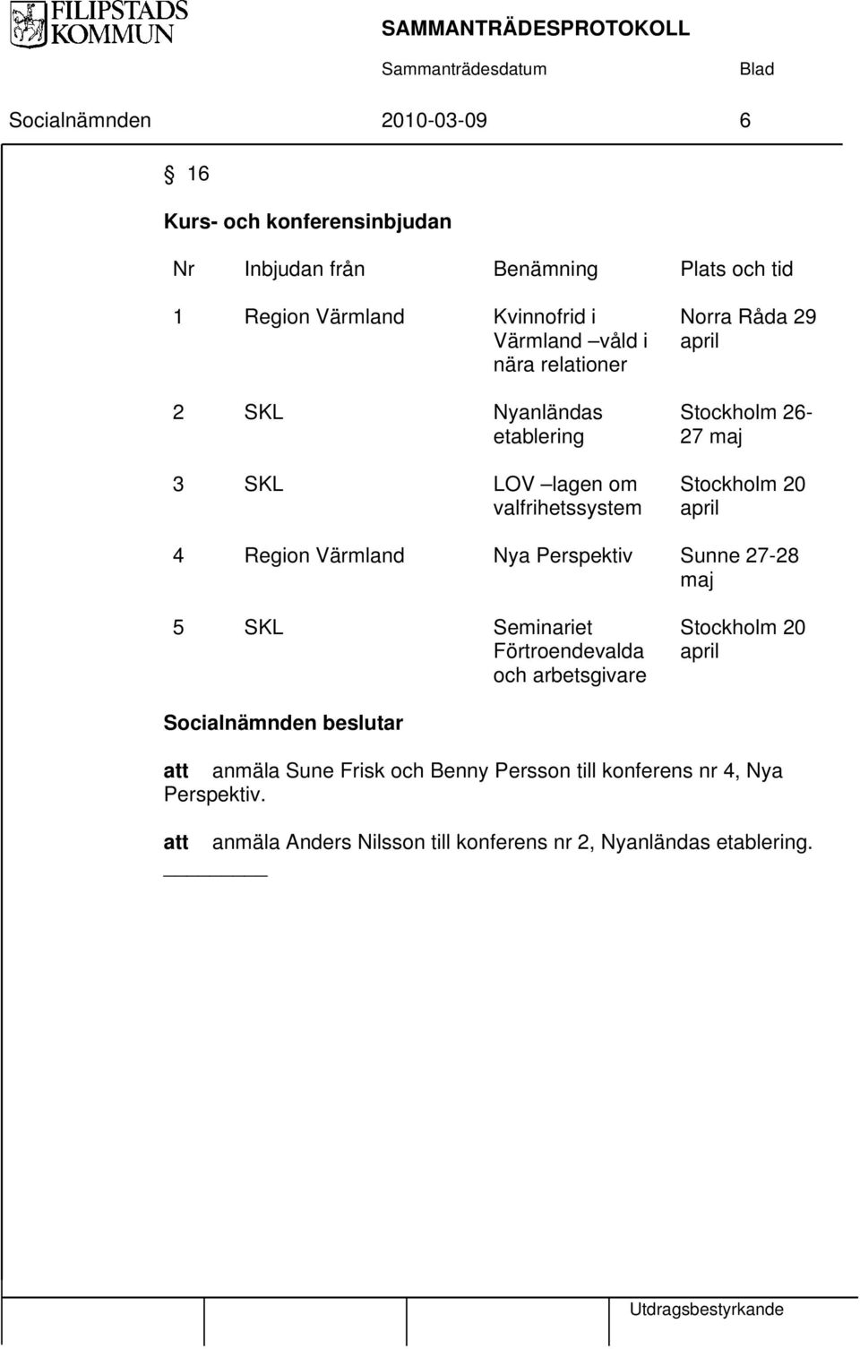 april 4 Region Värmland Nya Perspektiv Sunne 27-28 maj 5 SKL Seminariet Förtroendevalda och arbetsgivare Stockholm 20 april Socialnämnden