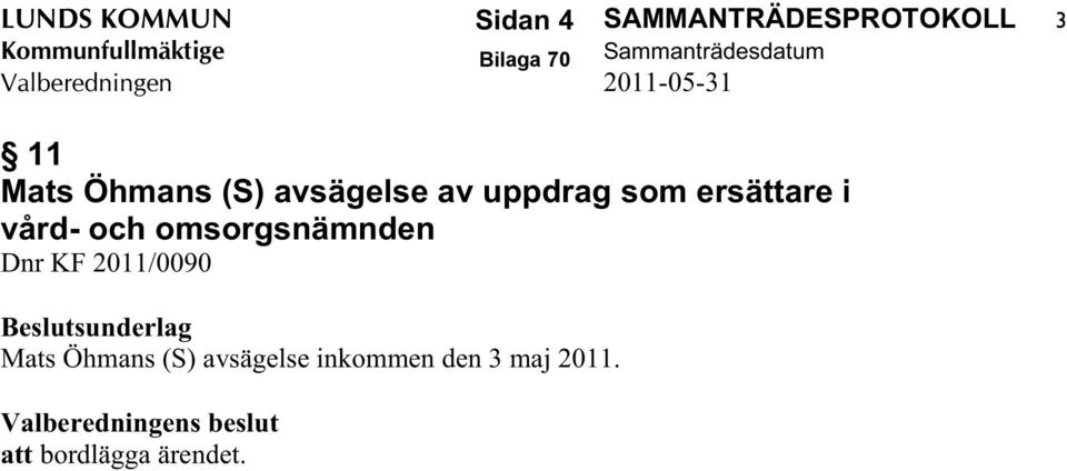 uppdrag som ersättare i vård- och omsorgsnämnden Dnr KF 2011/0090 Beslutsunderlag