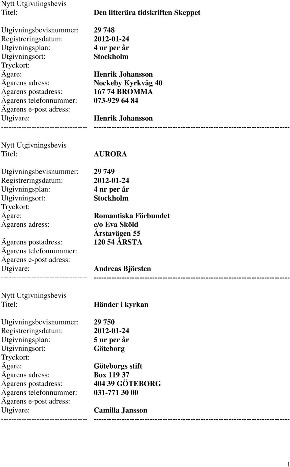 Sköld Årstavägen 55 120 54 ÅRSTA Andreas Björsten Händer i kyrkan 29 750 5 nr per