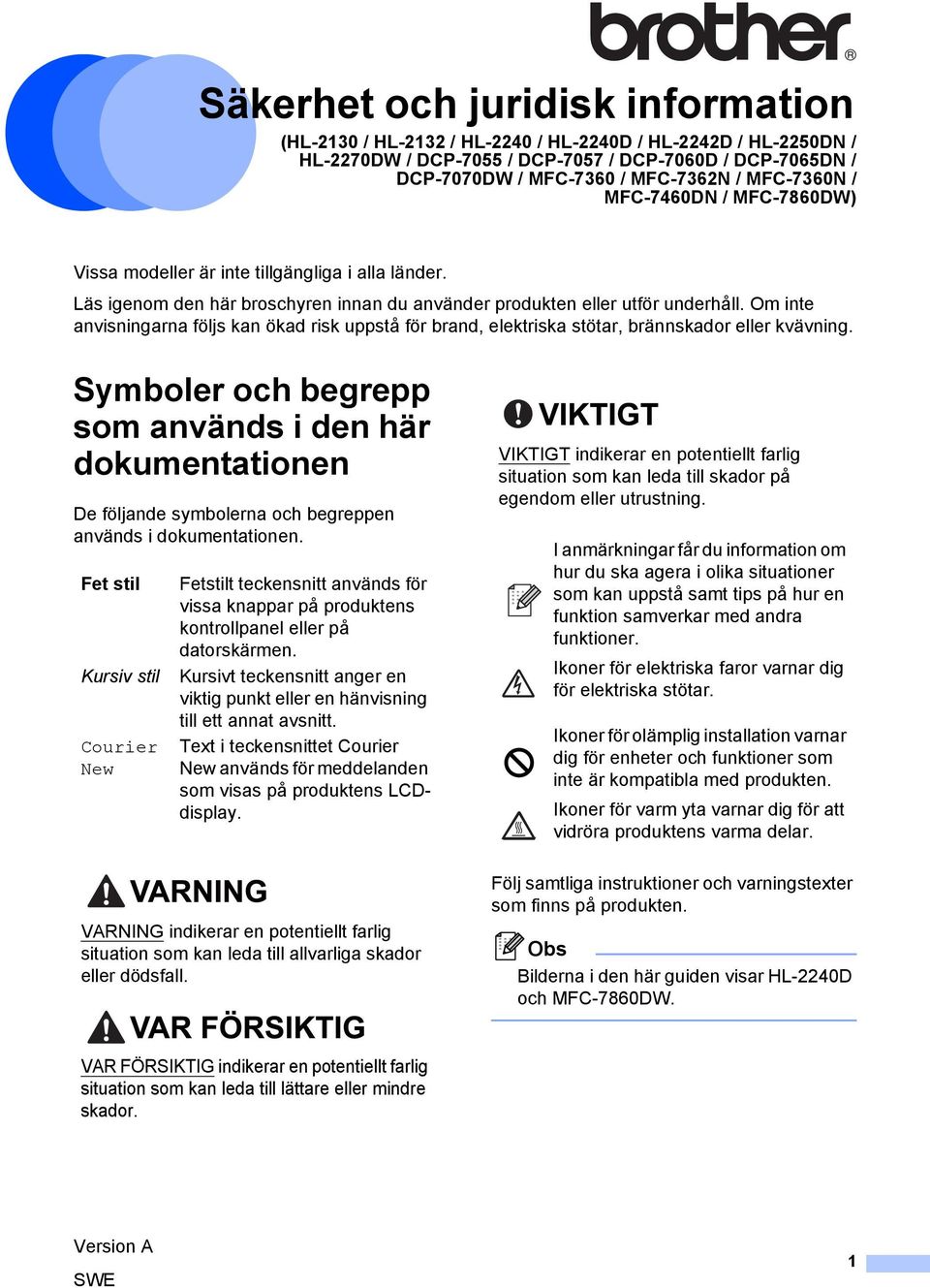 Om inte anvisningarna följs kan ökad risk uppstå för brand, elektriska stötar, brännskador eller kvävning.