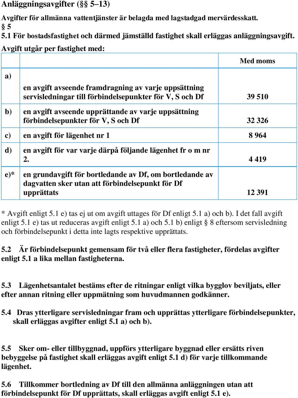 uppsättning förbindelsepunkter för V, S och Df 32 326 c) en avgift för lägenhet nr 1 8 964 d) en avgift för var varje därpå följande lägenhet fr o m nr 2.