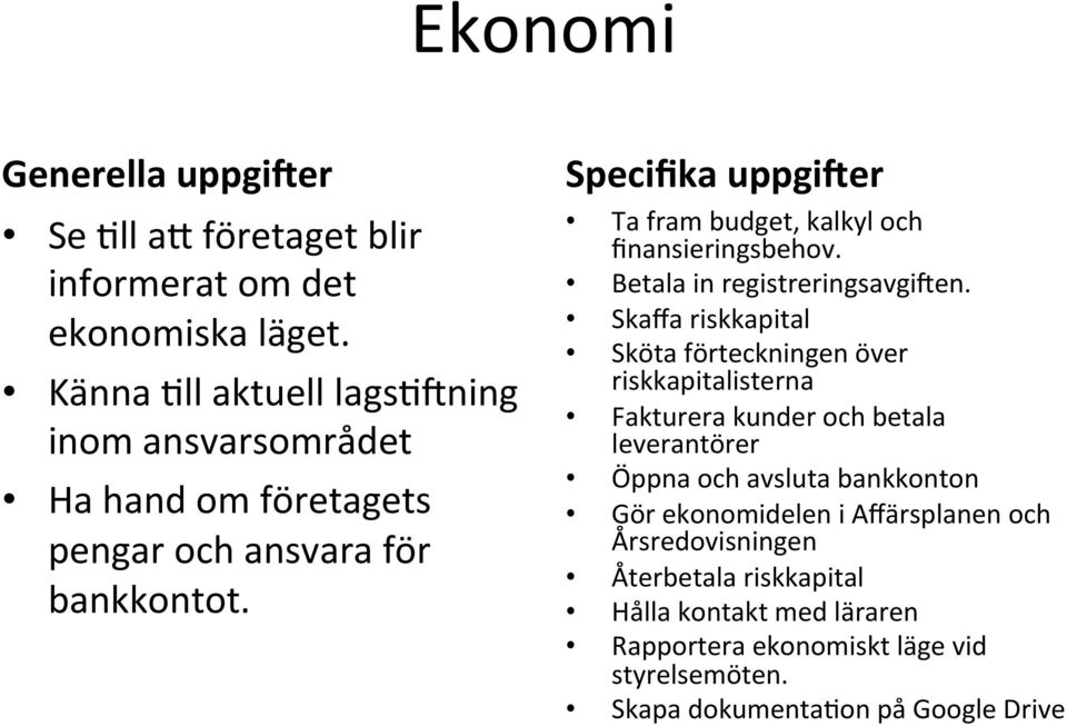 Specifika uppgi,er Ta fram budget, kalkyl och finansieringsbehov. Betala in registreringsavginen.