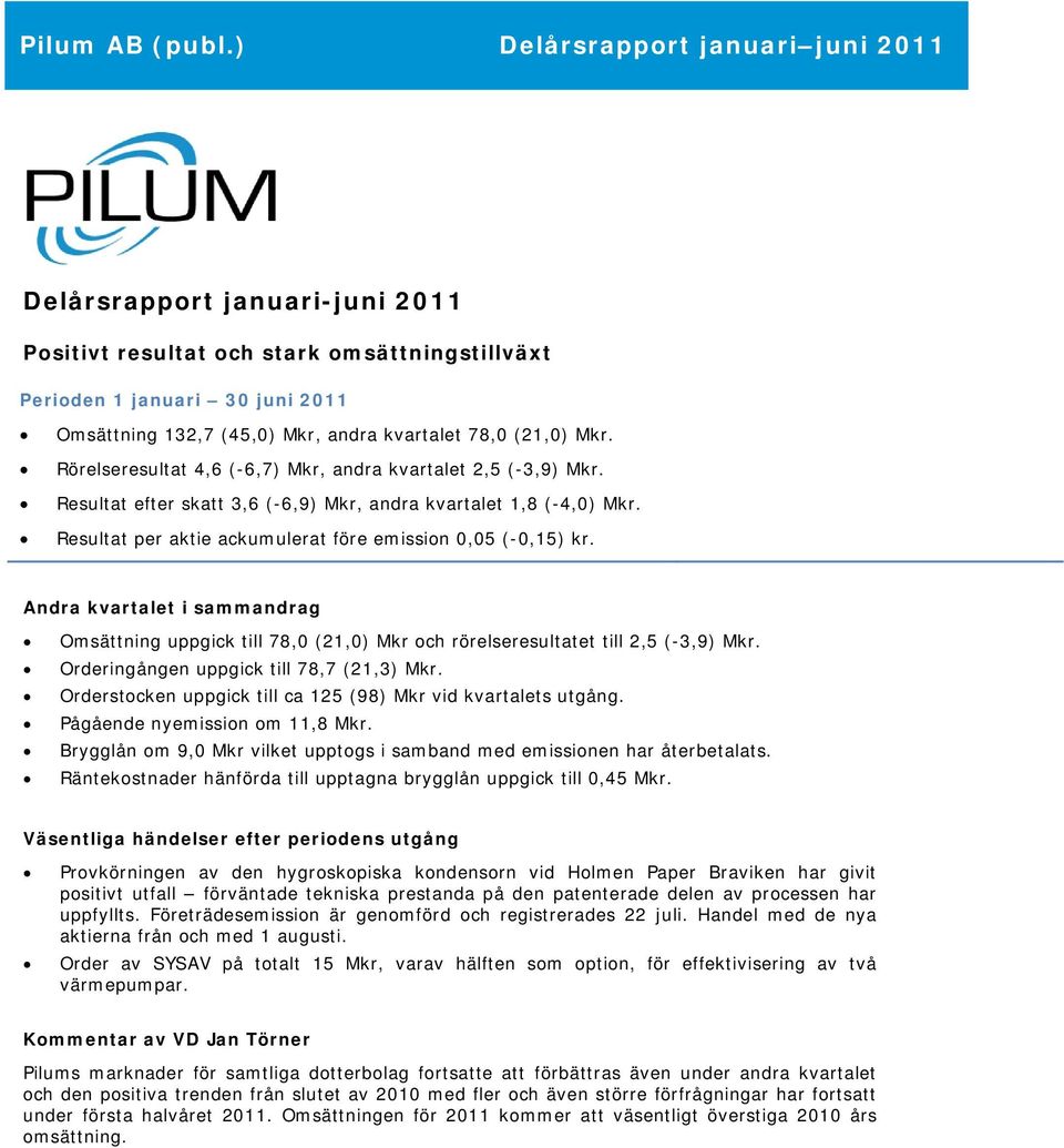 (21,0) Mkr. Rörelseresultat 4,6 (-6,7) Mkr, andra kvartalet 2,5 (-3,9) Mkr. Resultat efter skatt 3,6 (-6,9) Mkr, andra kvartalet 1,8 (-4,0) Mkr.
