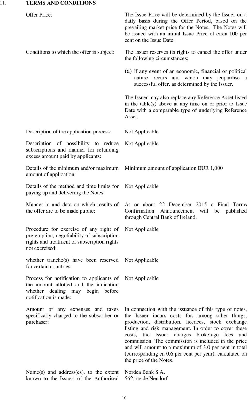 The Issuer reserves its rights to cancel the offer under the following circumstances; (a) if any event of an economic, financial or political nature occurs and which may jeopardise a successful