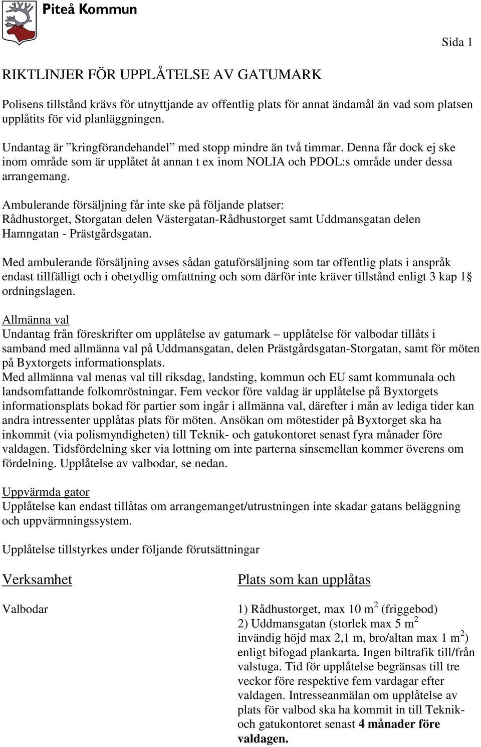 Ambulerande försäljning får inte ske på följande platser: Rådhustorget, Storgatan delen Västergatan-Rådhustorget samt Uddmansgatan delen Hamngatan - Prästgårdsgatan.