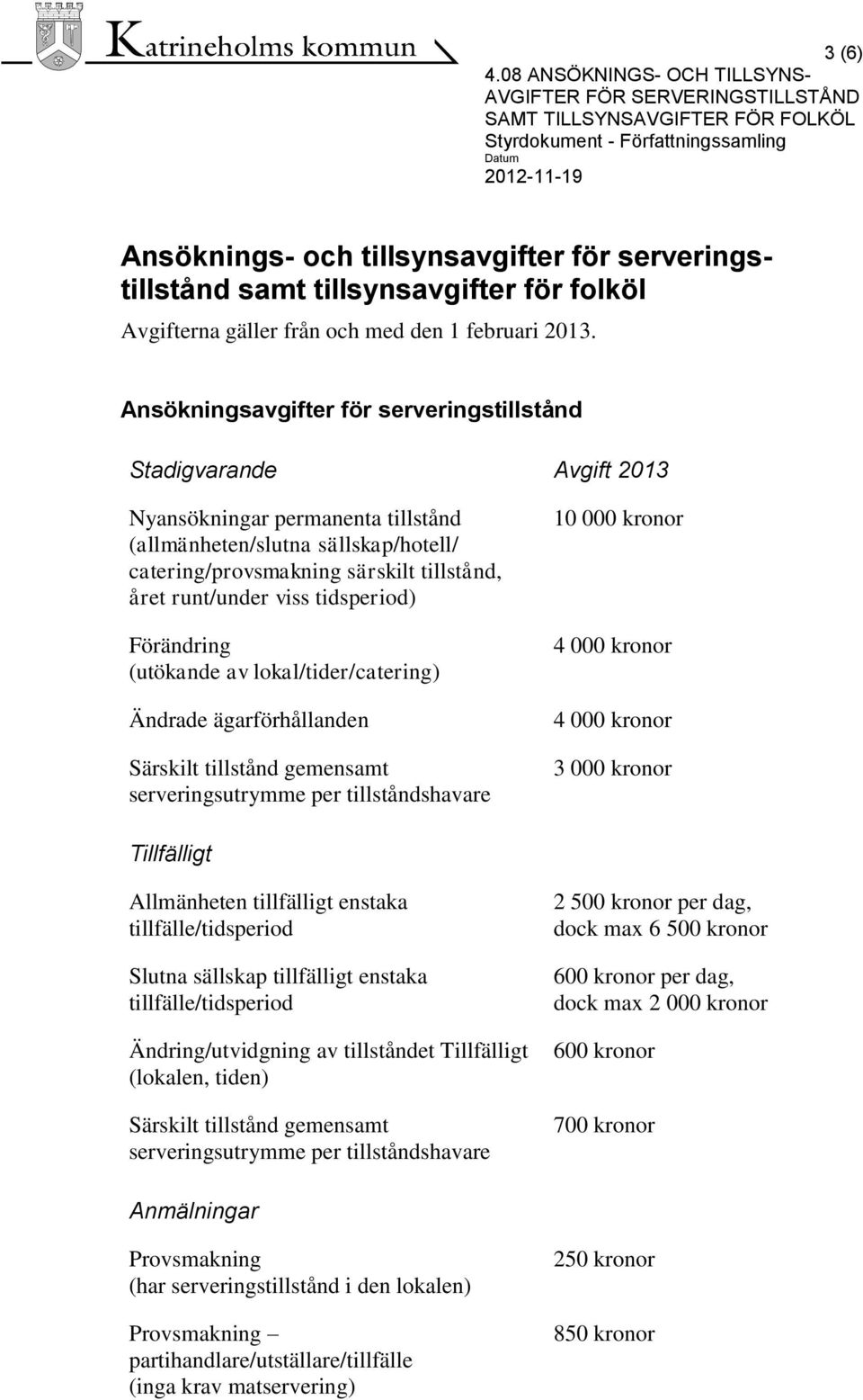 viss tidsperiod) Förändring (utökande av lokal/tider/catering) Ändrade ägarförhållanden Särskilt tillstånd gemensamt serveringsutrymme per tillståndshavare 10 000 kronor 4 000 kronor 4 000 kronor 3