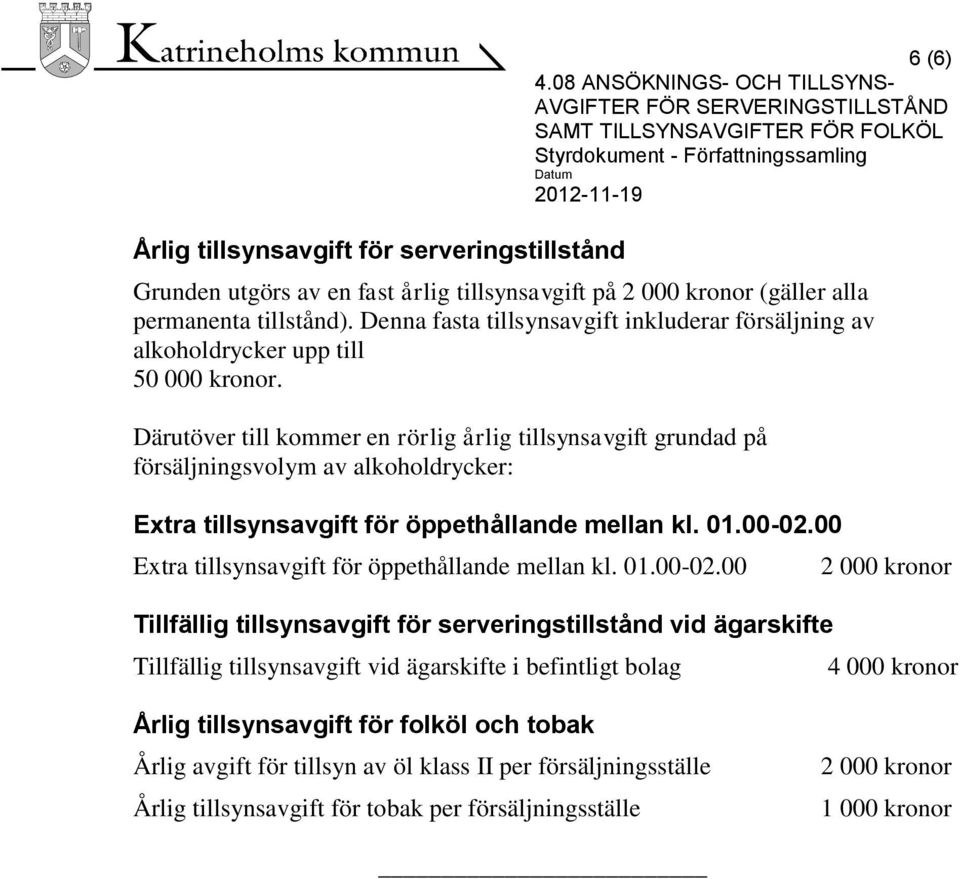 Därutöver till kommer en rörlig årlig tillsynsavgift grundad på försäljningsvolym av alkoholdrycker: Extra tillsynsavgift för öppethållande mellan kl. 01.00-02.