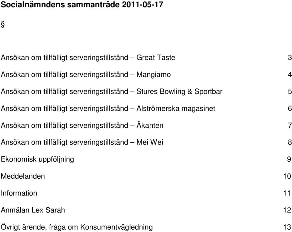 serveringstillstånd Alströmerska magasinet 6 Ansökan om tillfälligt serveringstillstånd Åkanten 7 Ansökan om tillfälligt