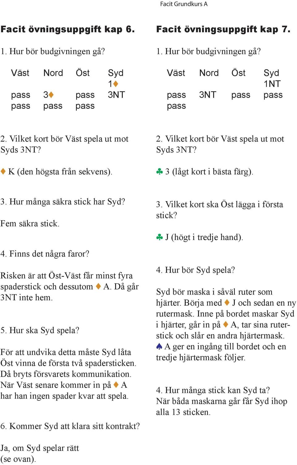 För att undvika detta måste Syd låta Öst vinna de första två spadersticken. Då bryts försvarets kommunikation. När Väst senare kommer in på 2 A har han ingen spader kvar att spela. 6.