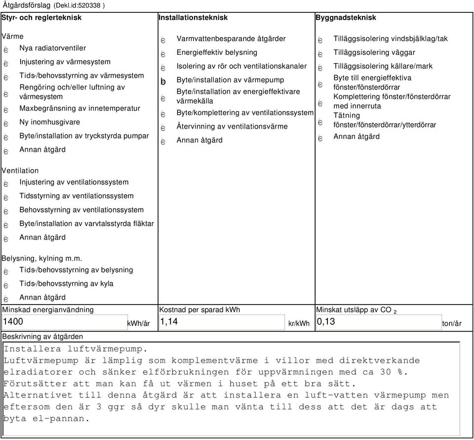 värmesystem Maxbegränsning av innetemperatur Ny inomhusgivare Byte/installation av tryckstyrda pumpar b Varmvattenbesparande åtgärder Energieffektiv belysning Isolering av rör och ventilationskanaler