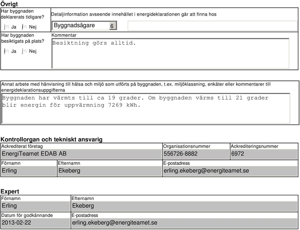 Annat arbete med hänvisning till hälsa och miljö som utförts på byggnaden, t.ex. miljöklassning, enkäter eller kommentarer till energideklarationsuppgifterna Byggnaden har värmts till ca 19 grader.