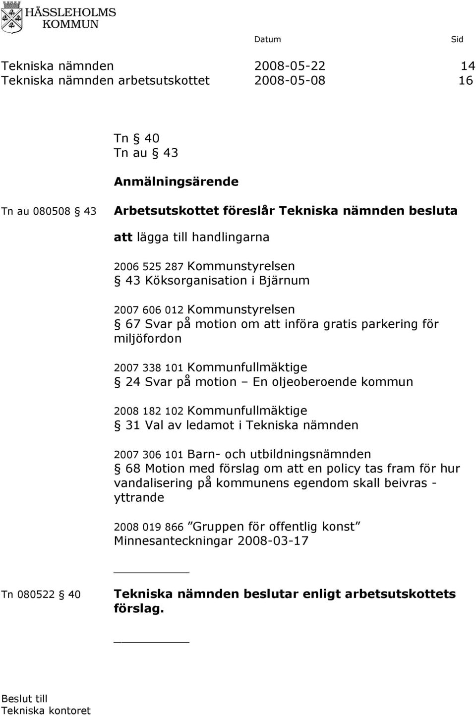 kommun 2008 182 102 Kommunfullmäktige 31 Val av ledamot i Tekniska nämnden 2007 306 101 Barn- och utbildningsnämnden 68 Motion med förslag om att en policy tas fram för hur vandalisering