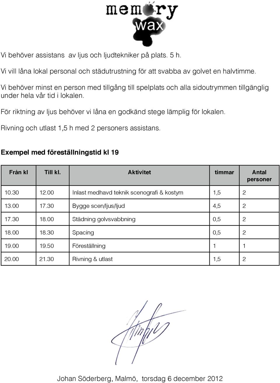 För riktning av ljus behöver vi låna en godkänd stege lämplig för lokalen. Rivning och utlast 1,5 h med 2 personers assistans. Exempel med föreställningstid kl 19 Från kl Till kl.