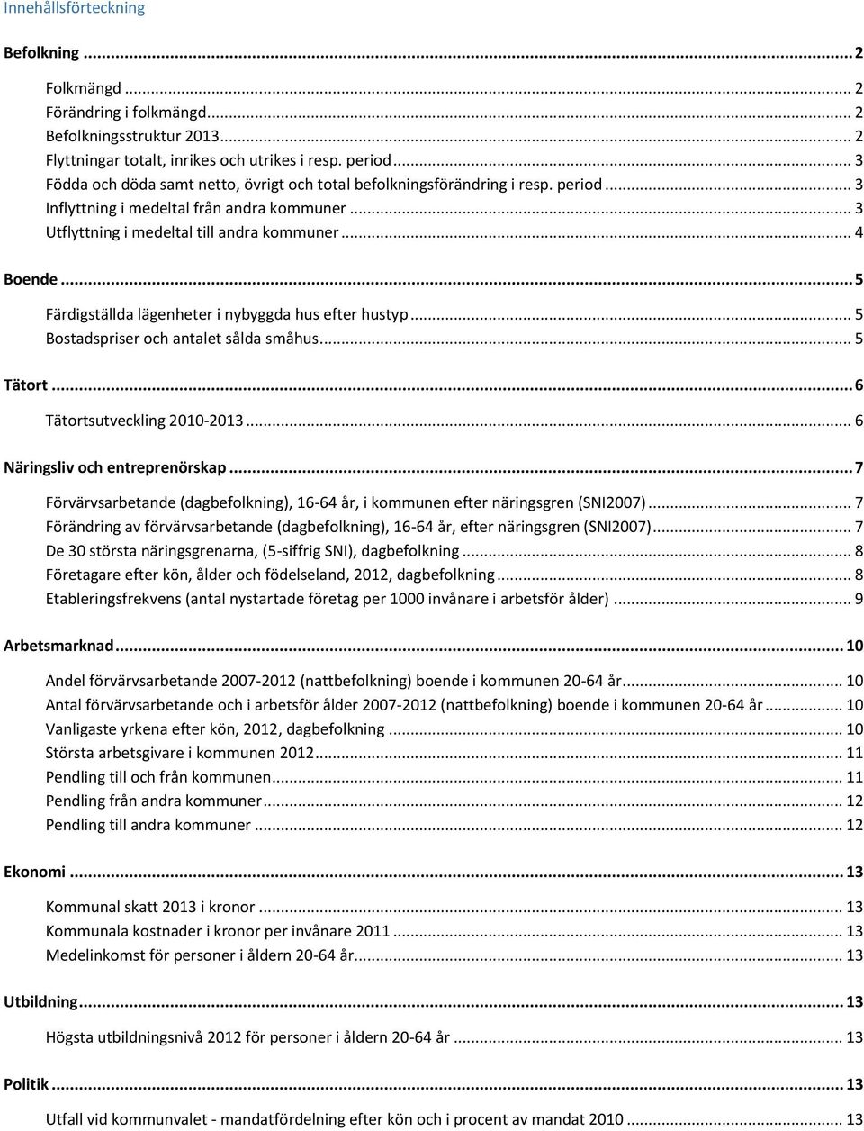 .. 5 Färdigställda lägenheter i nybyggda hus efter hustyp... 5 Bostadspriser och antalet sålda småhus... 5 Tätort... 6 Tätortsutveckling 2010-2013... 6 Näringsliv och entreprenörskap.