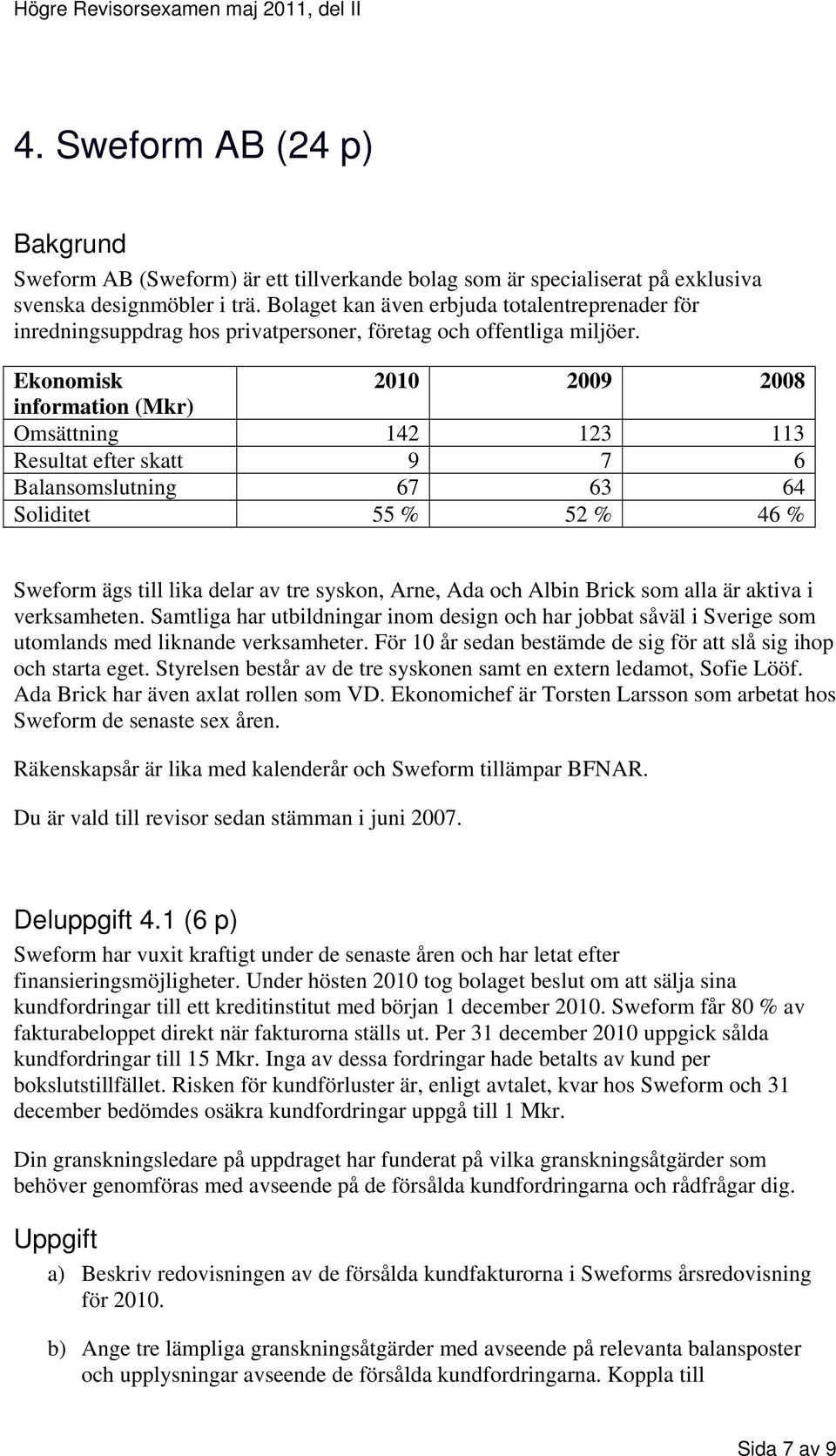 Ekonomisk 2010 2009 2008 information (Mkr) Omsättning 142 123 113 Resultat efter skatt 9 7 6 Balansomslutning 67 63 64 Soliditet 55 % 52 % 46 % Sweform ägs till lika delar av tre syskon, Arne, Ada