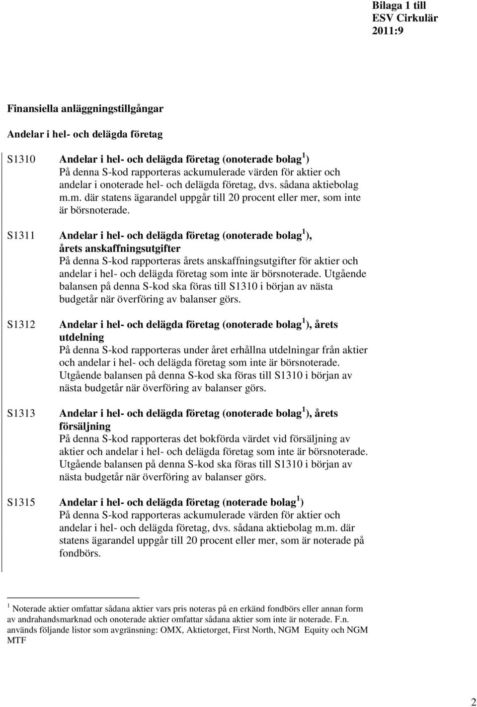 S1311 Andelar i hel- och delägda företag (onoterade bolag 1 ), årets anskaffningsutgifter På denna S-kod rapporteras årets anskaffningsutgifter för aktier och andelar i hel- och delägda företag som