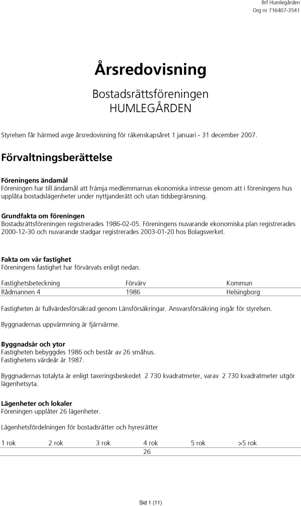 tidsbegränsning. Grundfakta om föreningen Bostadsrättsföreningen registrerades 1986-02-05.