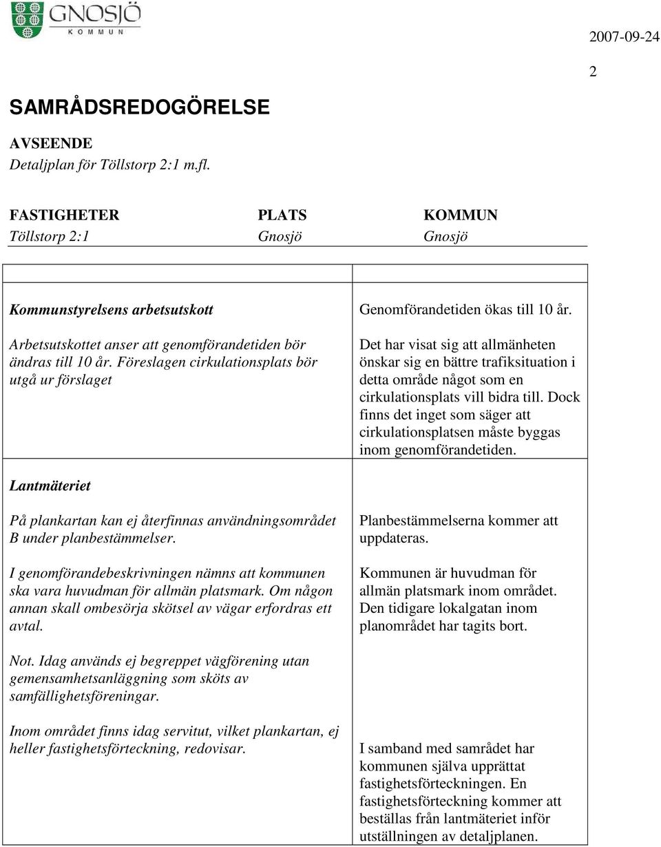 Dock finns det inget som säger att cirkulationsplatsen måste byggas inom genomförandetiden. Lantmäteriet På plankartan kan ej återfinnas användningsområdet B under planbestämmelser.