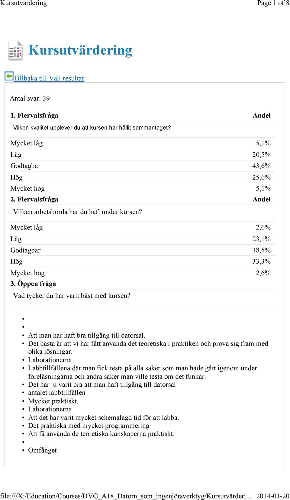 Mycket låg 2,6% Låg 23,1% Godtagbar 38,5% Hög 33,3% Mycket hög 2,6% 3. Öppen fråga Vad tycker du har varit bäst med kursen? Att man har haft bra tillgång till datorsal.